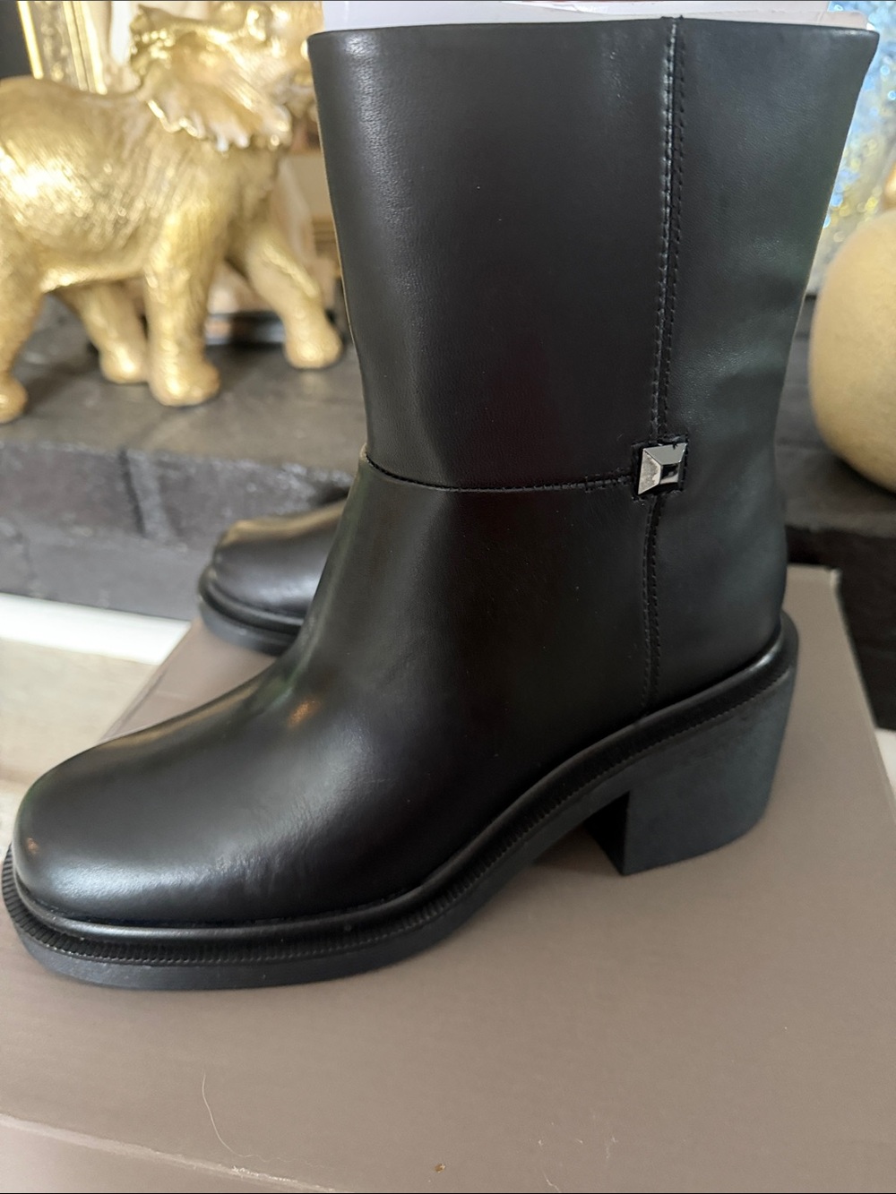 Franco Sarto Black Leather Mid-Calf Block Heel Ankle Boots
